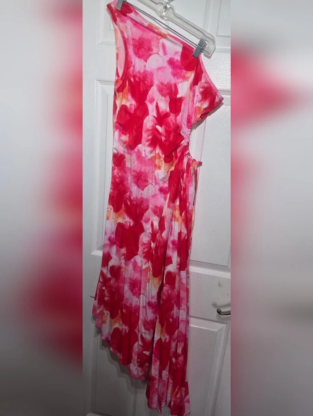 Women’s One Shoulder Floral Pleated Maxi Dress Pink Red Cutout Size L Excellent